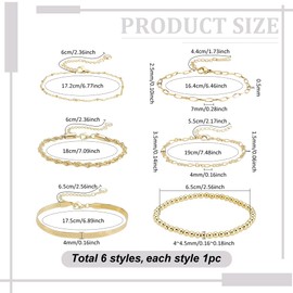 PH PandaHall 6 Styles 14K Gold Plated Bracelets Stackable Bracelets Paperclip Bracelet Rope Chain Bracelets Beaded Bracelet Layered Bracelet for Women Jewellery Gifts Adjustable 16-19cm