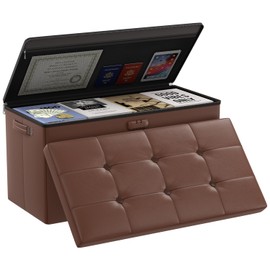 DocSafe Storage Ottoman Bench with Lock,Fireproof 30 Inches Folding Bench Foot Rest Stool Storage Chest Safe for Living Room,Bedroom,Home Office,Waterproof Leather Ottoman with Handles,Brown