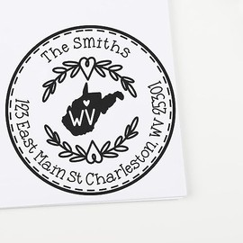 Round State Love Self-Inking Return Address Stamp for West Virginia, Easy Envelope Stamping, Self-Inking Press and Print, Size 1-5/8"