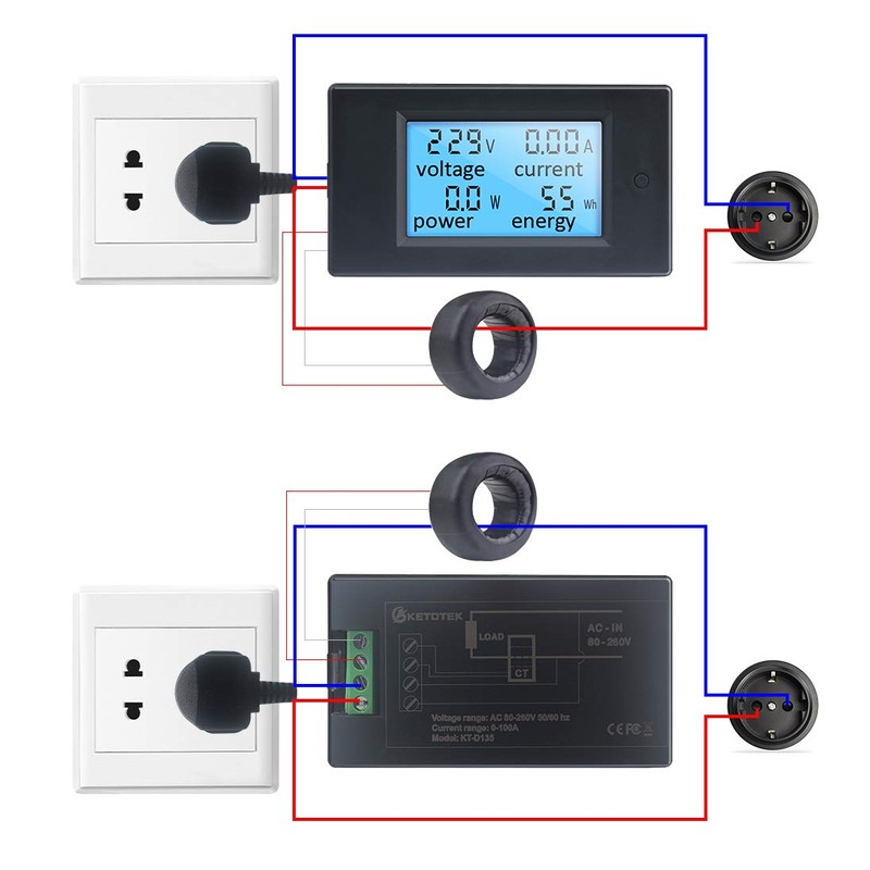 KETOTEK Digital Volt Amp Watt KWh Meter Gauge AC 80~260V