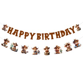 SHADOAMP Highland Cow Birthday Party Decoration Western Cowboy Highland Cow Banner Garland Happy Birthday Banner Brown Cattle Garland for Wild West Highland Cow Theme Party Supplies