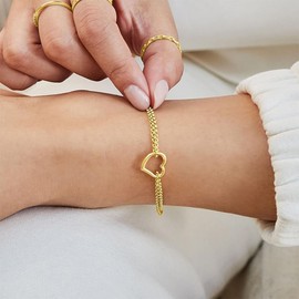 Bheop Bracelets for Women 14K Real Gold Plated Bracelet Dainty Love Heart Charm Pendant Stackable Link Chain Hypoallergenic Body Jewelry Cute Trendy Gifts