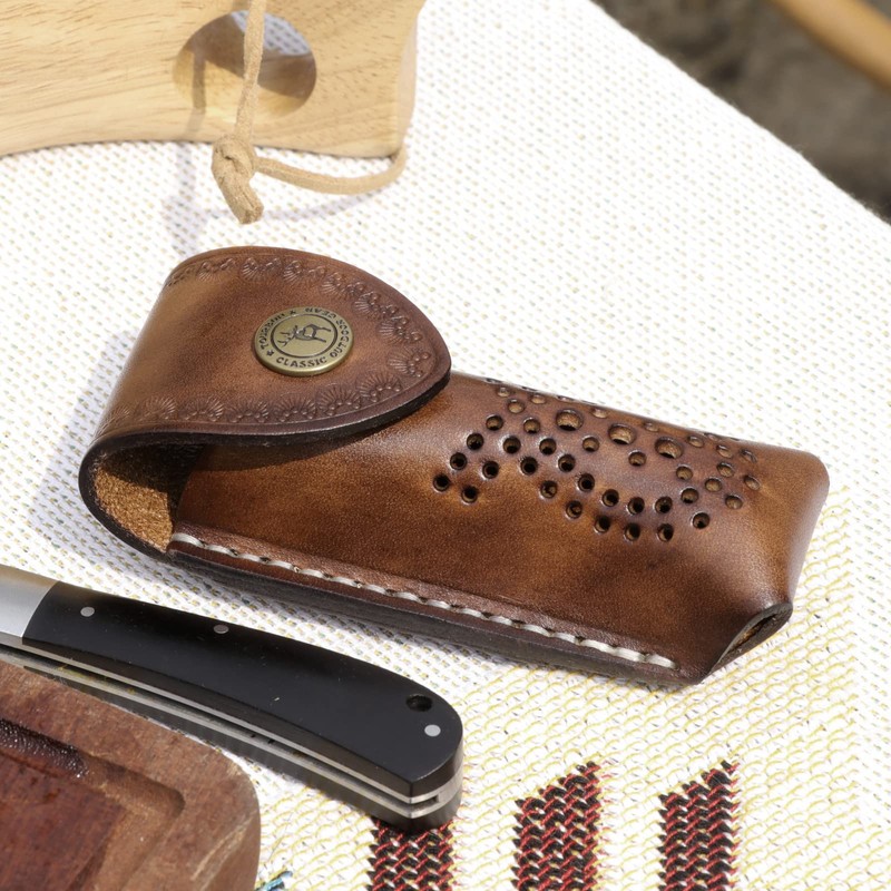 Tourbon EDC Leather Pocket Folding Knife Sheath Carrier Holster Flashlight