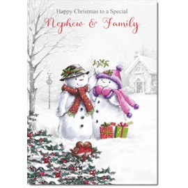 doodlecards Nephew and Family Christmas Card Two Snowmen Medium Size Christmas Card for Nephew & Family with Plain Envelope