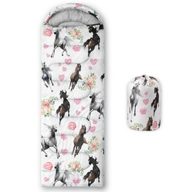 Smell Sunshine Kids Sleeping Bag for Boys Girls,Flowers and Horses Print-Lightweight Warm Portable Outdoor Indoor-Waterproof Cold Weather Resistant Sleeping Bag for Camping Hiking(Horses)