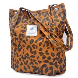 Aphoraeny Corduroy Tote Bag for Women Cute Totes Shoulder Bag with Inner Pocket for Work Beach Shopping Travel Grocery, Brown Leopard, Large