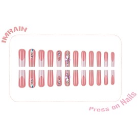 IMRAIN Long Square Press on Nails White French Tips Fake Nails with Rhinestone Designs Glossy Nude Glue on Nails Acrylic Squoval False Nails Full Cover Acrylic Artificial Nail Supplies 24Pcs