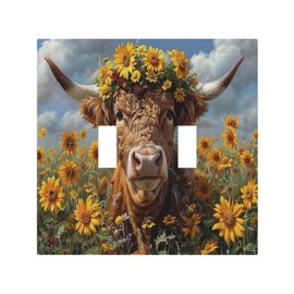 Nadoabtm Decorative Switch Plates Vintage Sunflower Highland Cow Rustic Art 2 Gang Double Toggle Outlet Light Switch Cover Wall Plate Electrical Faceplate for Bedroom Farmhouse Decor