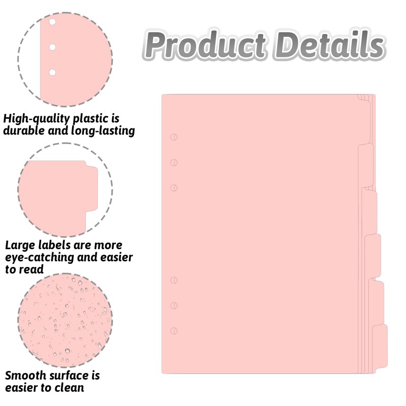 6 Pcs A5 Binder Dividers, 6 Holes Pink Clear Binder
