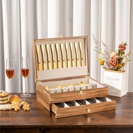 Yoimori Silverware Storage Box, 2-Layer Flatware Storage Case with Drawer, Wooden Silverware Chest with Linen Liner, Rustic Silverware Case for Storing Fine Flatware and Utensils (Brown)