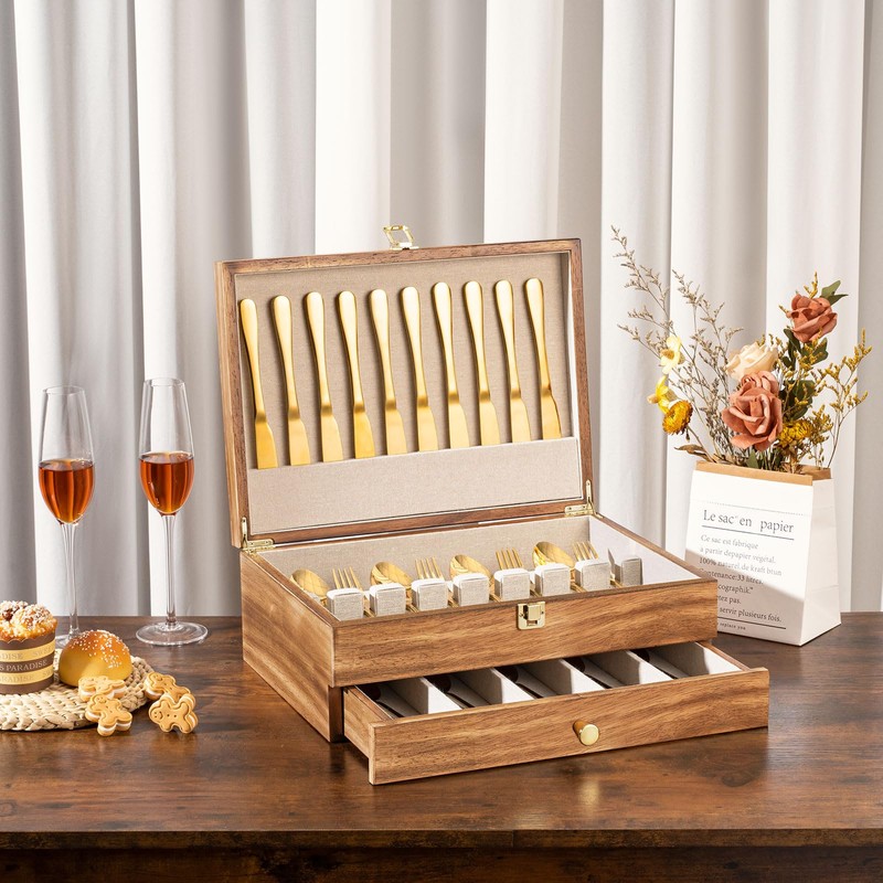 Yoimori Silverware Storage Box, 2-Layer Flatware Storage Case with Drawer,