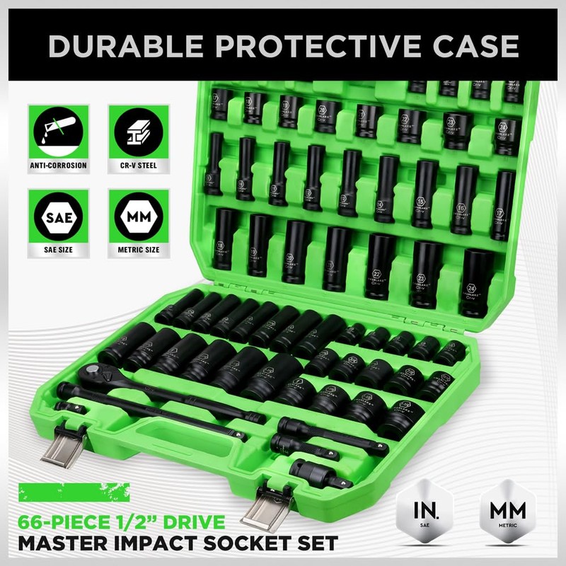 SWANLAKE 1/2" Drive Impact Socket Set, 66-Piece Standard SAE (3/8"-1-1/4")