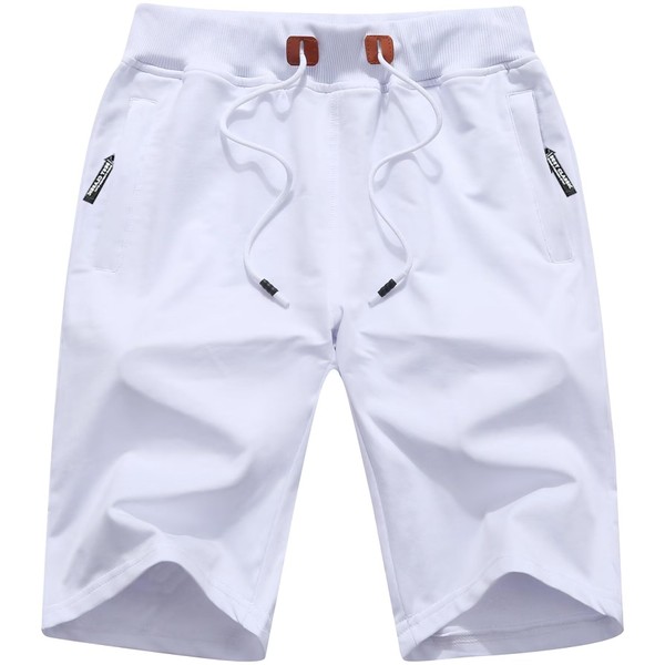 QPNGRP Mens Shorts Casual Drawstring Zipper Pockets Elastic Waist White