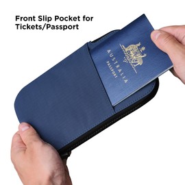 Zip Travel Wallet Blue Axoflux 210D - RFID Passport Holder - Self Locking Zipper - Tear Resistant Material - Four Pockets and Two Card Slots - HUB Accessories Compatible