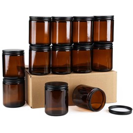 24 Pack Amber Glass Jars, 8 Oz Thick Amber Round Glass Jars, with Black Metal Lids, for Spice, Liquid, Sample, Leakproof and Dishwasher Safe