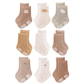 Baby Grip Socks Non Slip Grips Girls Boys Ankle Crew Newborn Infant Toddler Kids Casual Anti Skid Socks (US, Age, 0 Months, 6 Months, 9 Pairs - White Khaki Yellow)