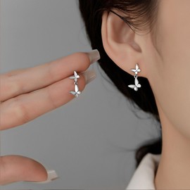 Yheakne Vintage Tiny Butterfly Drop Earrings Silver Butterfly Dangle Earrings Metal Butterfly Stud Earrings Double Small Butterfly Earrings Jewelry for Women