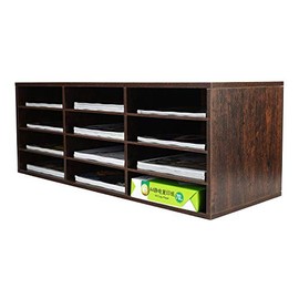 PAG Wood Desktop Literature Organizer Adjustable File Sorter Mail Center Magazine Holder Paper Storage Cabinet Classroom Keepers Mailbox, 12 Slots(4 Layers and 3 Columns), Brown