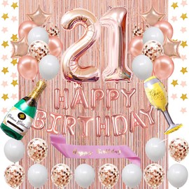 Fancypartyshop 21st Birthday Decorations - Rose Gold Happy Birthday Banner and Sash with Number 21 Balloons Latex Confetti balloons Ideal for Girl and Women 21 Years Old Birthday Rose Gold