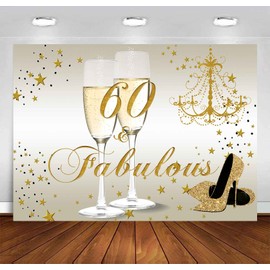 Sensfun Happy 60th Birthday Backdrop for Women Glitter High Heels Champagne Glasses Photography Background Gold Fabulous Sixty Years Old Birthday Decorations Vinyl Photo Banner 7x5ft