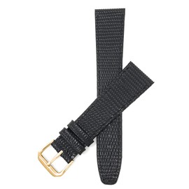 Bandini Extra Long (XL) 18mm Womens Italian Leather Watch Band Strap - Black - Lizard Pattern - Slim - Gold Buckle