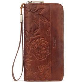 Blucoay Real Leather Womens Wallet,RFID Blocking Long Wallet For Women Large Capacity Embossed Flowers Wallet Wristlet With Card Holder Zip Coin Pocket(embossed brown)