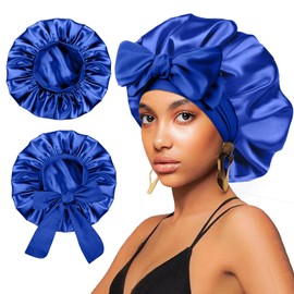 2Pcs Satin Silk Hair Bonnet for Sleeping Women,Large Bonnets with Elastic Wide Tie Band Silk Sleep Cap,Hair Wrap Night Cap with Adjustable Straps for Black Women Curly Hair Jumbo Bonnet Braid - Blue
