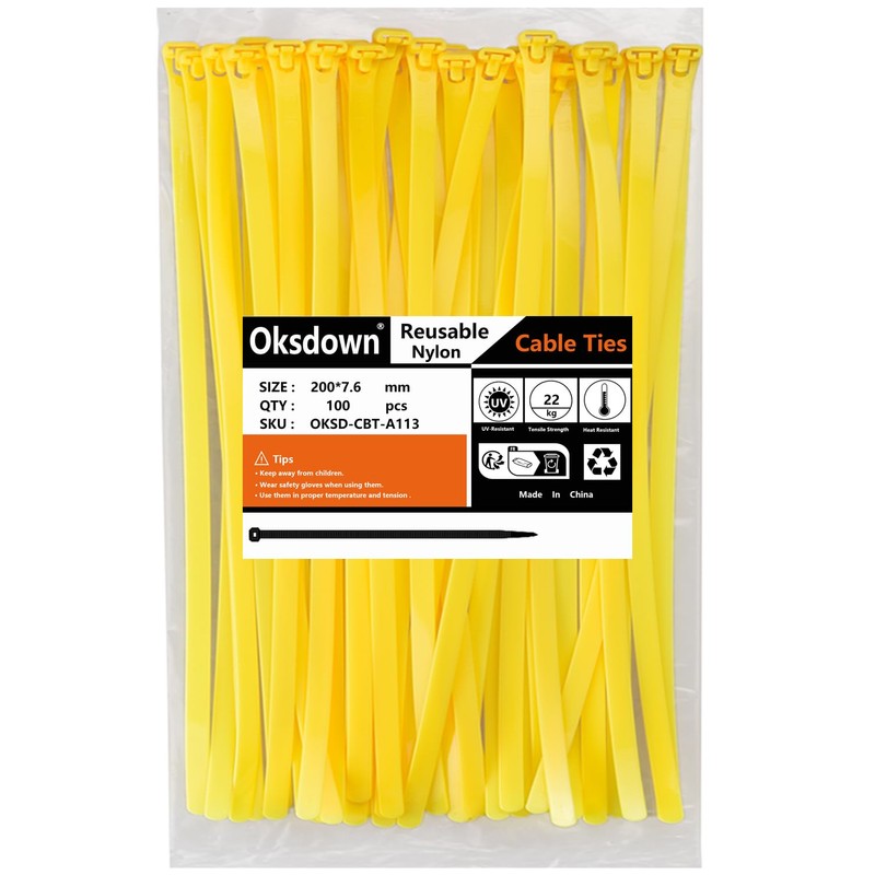 Oksdown Cable Ties Resealable Yellow 200mm × 7.6mm Pack of