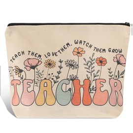 JIEYAO Teacher Gifts Makeup Bag, Teacher Must Haves Cosmetic Bag, Vintage 70s 80s Floral Cosmetic Bags Travel Toiletry Bag Wildflower Teacher Pencil Pouch for Female Educator Retirement Birthday Gift