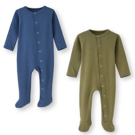 BINIDUCKLING Baby 2-Pack Cotton Snap-Up Sleepsuit - Baby Footed Pajamas with Mitten Cuffs - Long Sleeve Baby Onesies Grows 9-12 Months, Blue and Green