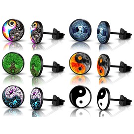 SIISPRI 6Pairs YinYang Mens Earrings Set Hypoallergenic Surgical Stainless Steel Round Circle Button Stud Post Earrings 10MM, Stainless Steel, No Gemstone