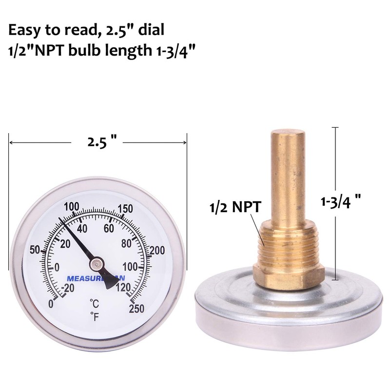 MEASUREMAN Hot Water Bi-Metal Thermometer, 2-1/2" Dial, 1-3/4" Lead-Free Brass