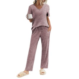 Ekouaer Lounge Sets for Women Ribbed Pajama Set Short Sleeve Top and Long Pants Set with Pockets Sleep Set Light Purple