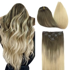 DOORES Human Hair Extensions, Ash Brown to Platinum Blonde 24 Inch 7pcs 120g, Remy Hair Extensions Clip in Human Hair Extensions For Women Clip in Natural Hair Extensions Thick Silky Straight