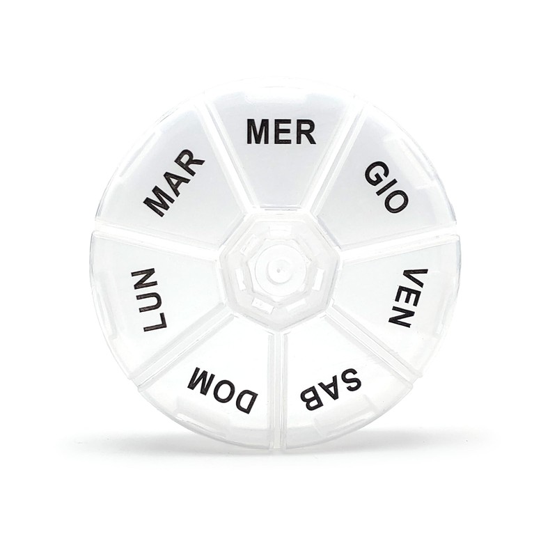 Weekly Round Pill Box 8.5cm with Large Italian Writing -