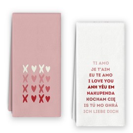 Bnzolyoia Pink Valentines Kitchen Towels Set - Set of 2, Xxoo Pink Valentines Day Decor, Couple, I Love You Valentines Hand Towels Dish Towels for Bathroom Kitchen 16x24
