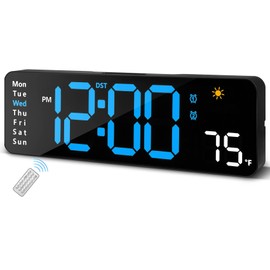 Digital Wall Clock with Remote Control, Large Display Plug in LED Digital Alarm Clock with 12/24Hr, Date, Week, Temperature, DST, Digital Clock for Living Room, Bedroom, Office Wall Decor (Blue)