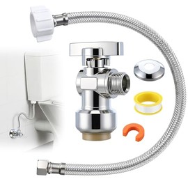 Dreyoo Complete Toilet Shut Off Valve Set with 1/2 x 3/8'' Compression Straight Stop Valve, 12" Length 3/8" COMP x 7/8" BC Toilet Connector Hose, Escutcheon Plate, Disconnect Clip & Sealing Tape