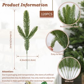 120 Pcs Artificial Pine Branches - 11.4 x 4.3 Inches Christmas Greenery Plants Green Pine Needles Cedar Picks and Sprays DIY Accessories for Christmas Garland Wreath Craft and Home Garden Decor