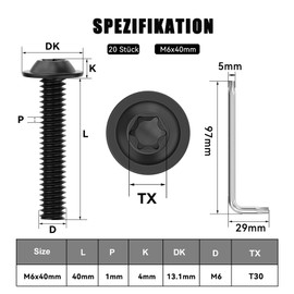 Pack of 20 M6 x 40 Screws, Pan Head Screws, Torx Screws, Flange Screws, Stainless Steel, A2 V2A, Full Thread, Black Oxide, with Torx Key