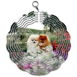 Two Cute Pomeranian in a Flower Garden Wind Spinner Art 10 inch for Garden Decor with Swivel Hook, Double Sided Circle Hanging Wind Spinner Dog Breed Tree Design Hanger for Yard Porch Front Door