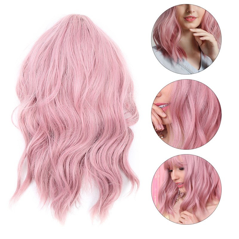 LC210-1 Curly Wavy Wig Pink Pastel Short Bob Synthetic Wigs