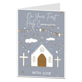 LimaLima First Holy Communion Card With Love Religious Card for Boys or Girls – Church and Cross Design