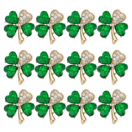 MEEDOZ 12 Pcs Green Four Leaf Clover Brooch Pins for Women Vintage Crystal Rhinestone Shamrock Brooches Jewelry Bulk Set