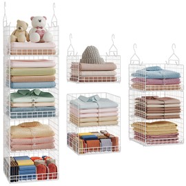 Yuyetuyo ﻿5 Tier Hanging Closet Organizer Separable Hanging Closet Shelves with 4 Hooks 2 Adjustable Dividers, Wire Storage Basket Bins for Clothing Sweaters Socks Dolls Handbags, Foldable