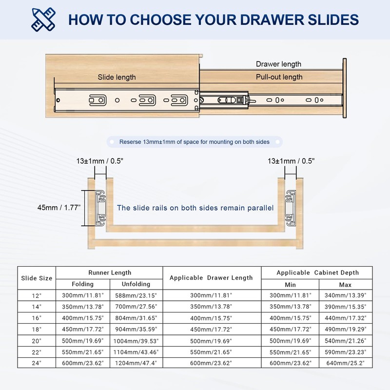 Probrico 1 Pair 18 Inch Soft Close Drawer Slides, Ball