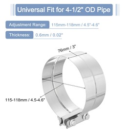 sourcing map 4-1/2" Exhaust Clamp, 304 Stainless Steel Butt Joint Band Clamp Sleeve Coupler Pipe Repair Clamp Universal Widening Clamp for 4-1/2" OD to 4-1/2" ID Exhaust Pipe Mufflers, Silver