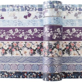 YUBX Elegance Blue Washi Tape Set 8 Rolls Wide Silver Embellishment Decorative Masking Tapes for Arts, DIY Crafts, Journals, Planners, Scrapbook, Wrapping