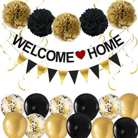 Elegant Black & Gold Welcome Home Decorations Set – Glitter Banner, Balloons, Pennant Flags & Garland for Family Celebrations, Baby Showers & More