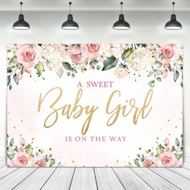 Ufeela Sweet Baby Shower Backdrop for Girls 7Wx5H Feet It's a Girl Baby Shower Decorations Watercolor Pink Flower Floral Rose Plant Party Background Fabric Polyester Banner Photo Shoot Decor Prop